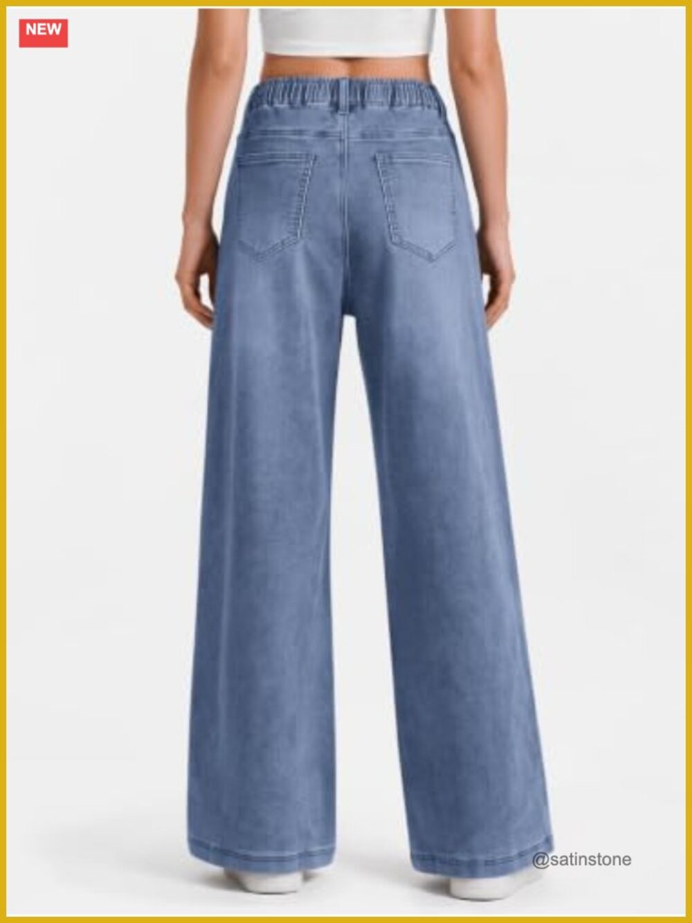 Wide Leg Jeans Stretchy Drawstring Waist Baggy Denim Pants - Picture 3 of 5